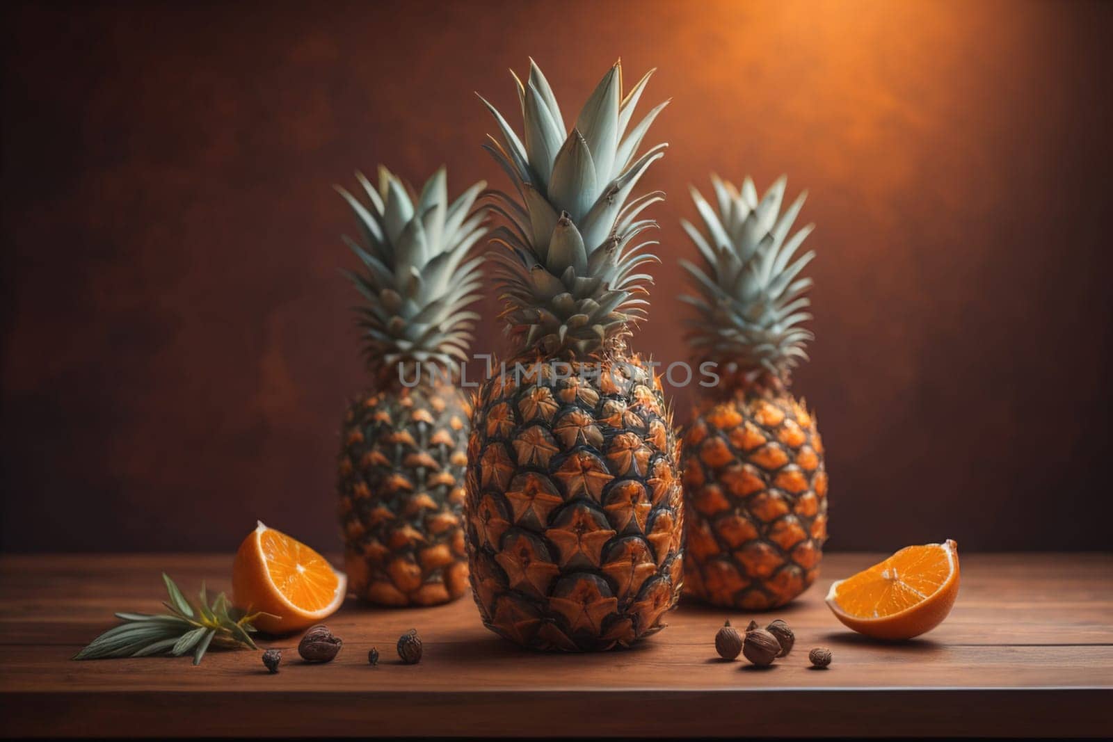 Pineapples on a wooden background. ai generative