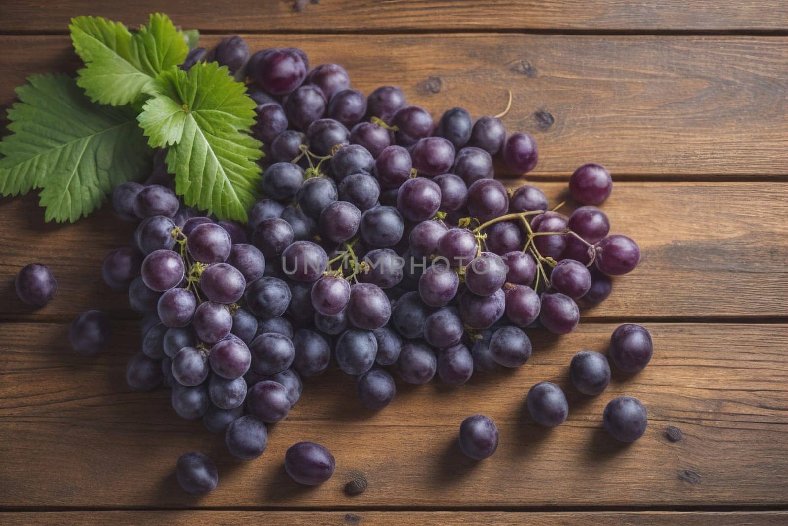 Bunch of fresh grapes on wooden table. Vintage style toned picture. ai generative