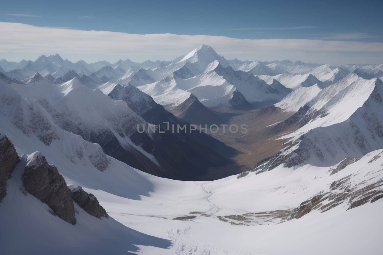 Mountains and snow-capped peaks of the Caucasus Mountains. ai generative