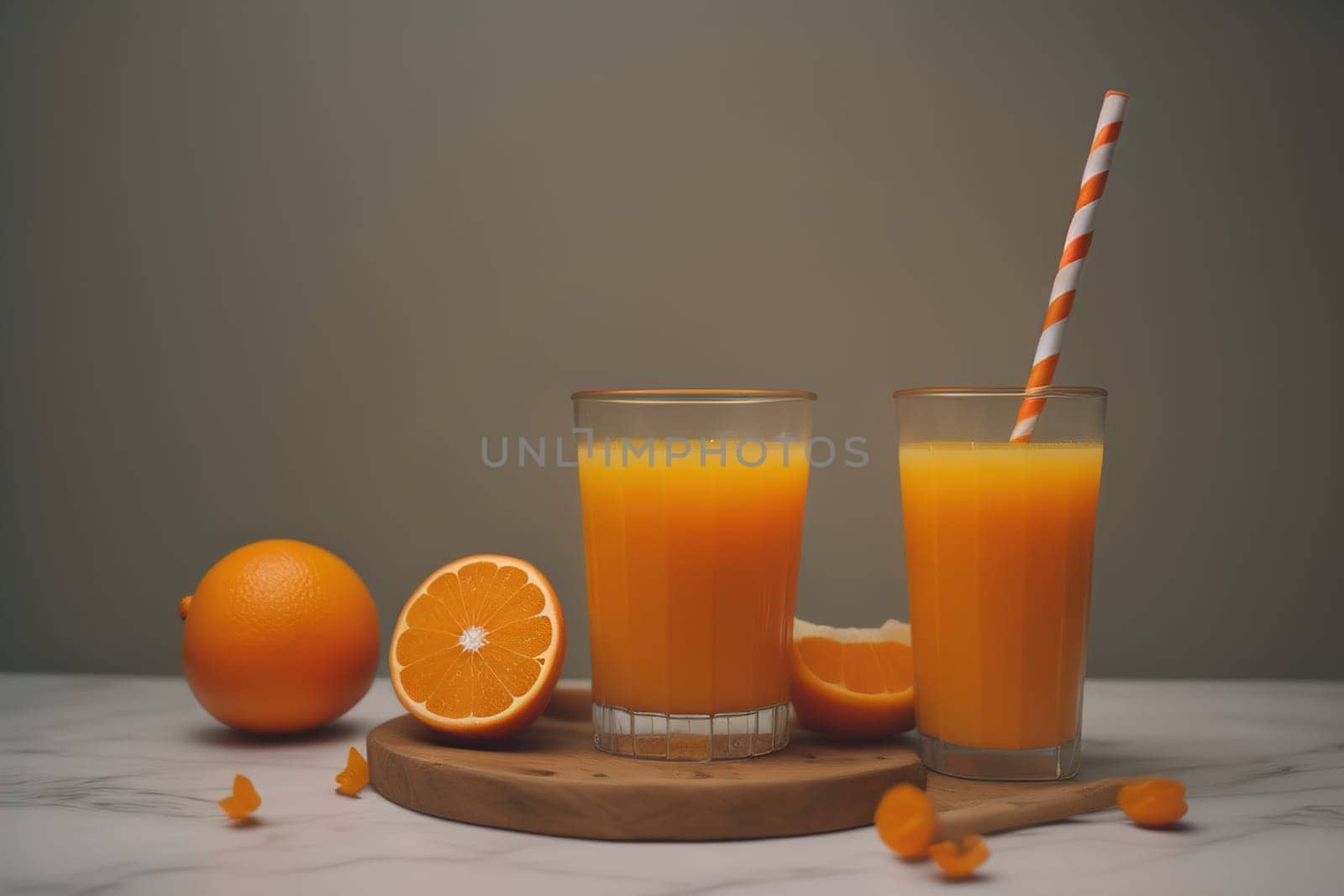 Glass of orange juice and fresh orange fruits. ai generative