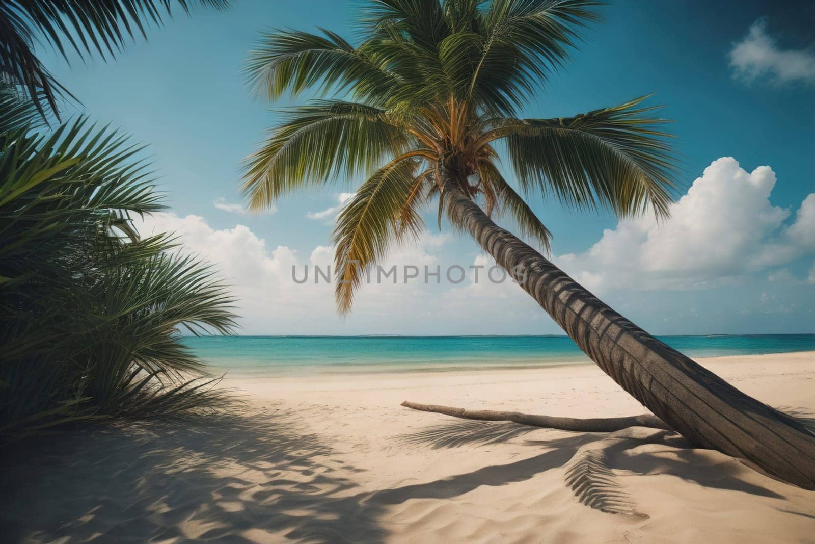 Beautiful tropical beach with coconut palm tree. ai generative by sanisra