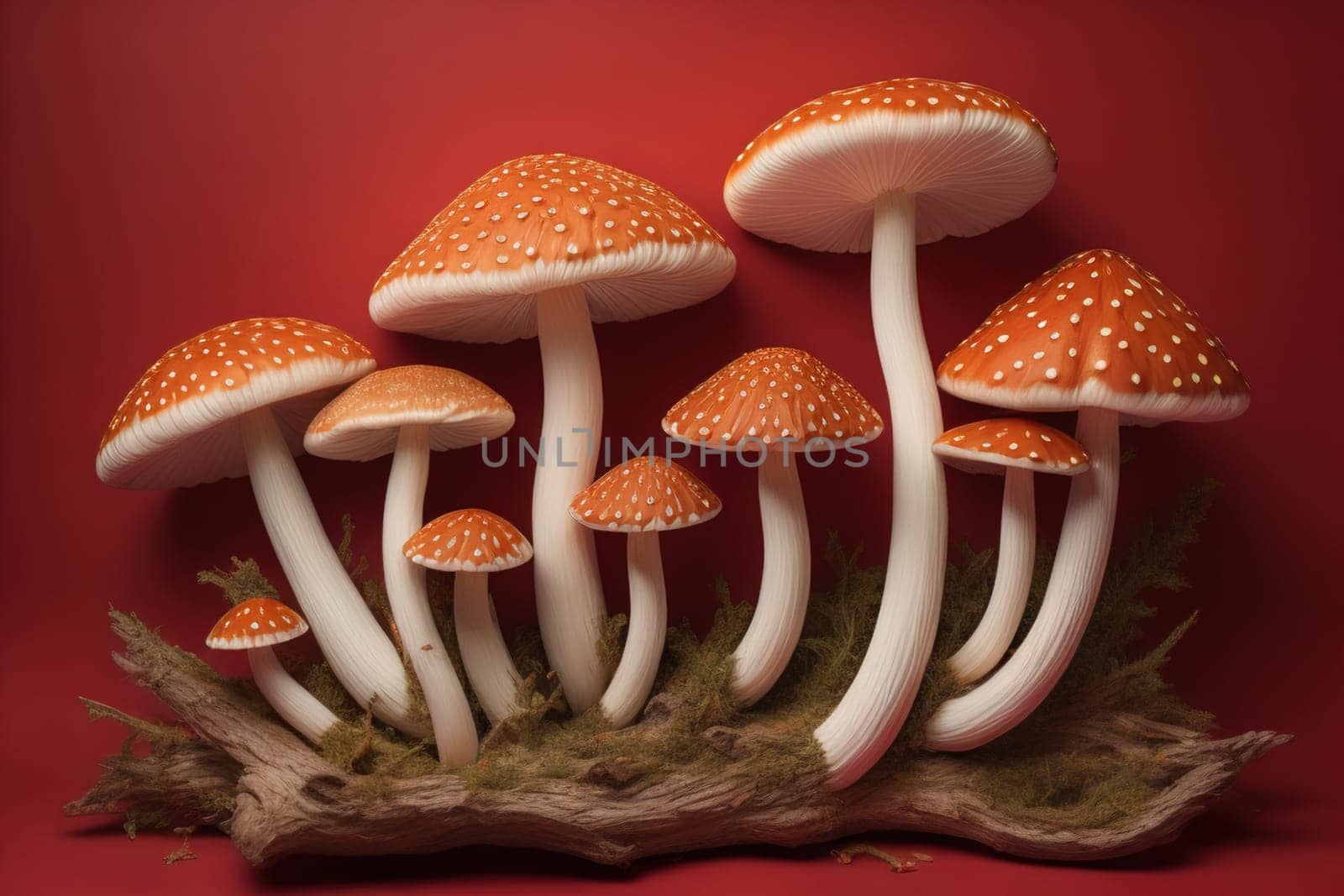 Mushrooms on a solid color background with green moss and water drops. generative ai