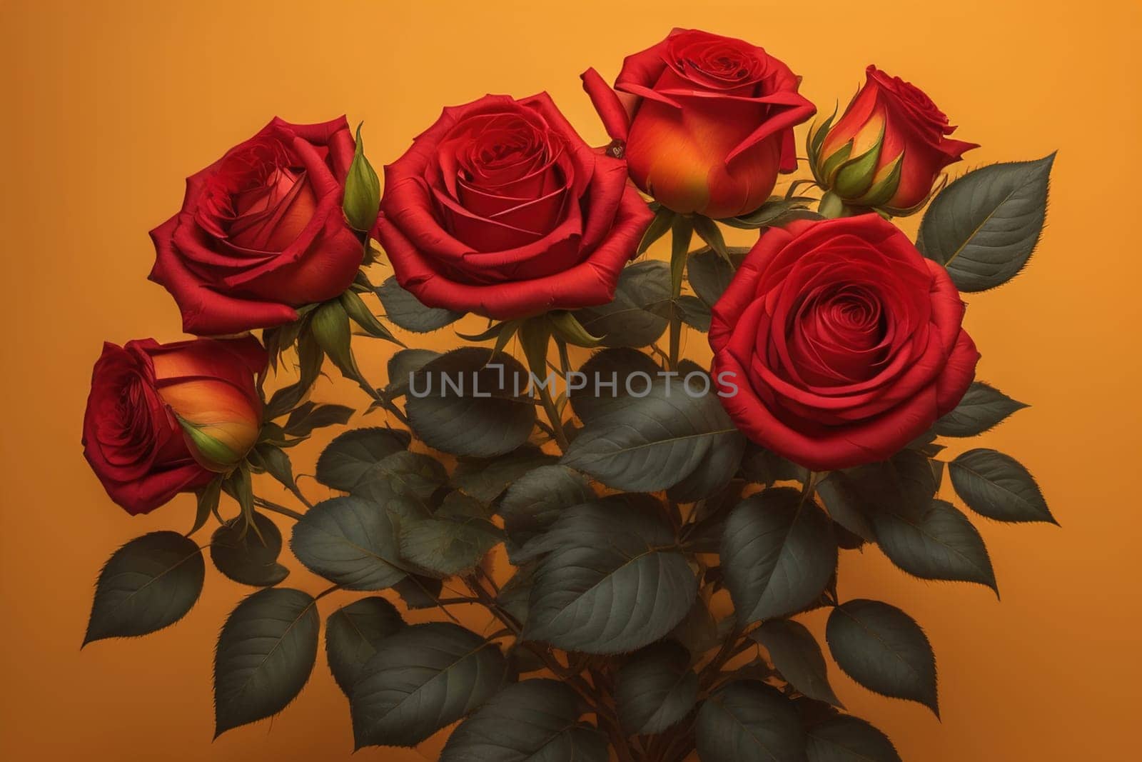 Red roses background. Top view of beautiful red roses with green leaves. ai generative