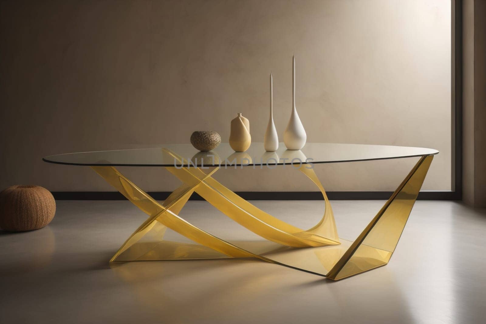a glass table in a room. ai generative