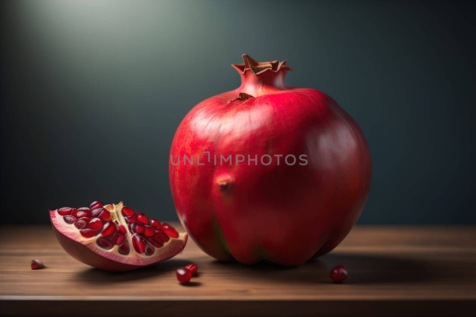 Ripe pomegranate fruit on a wooden background. Still life. ai generative