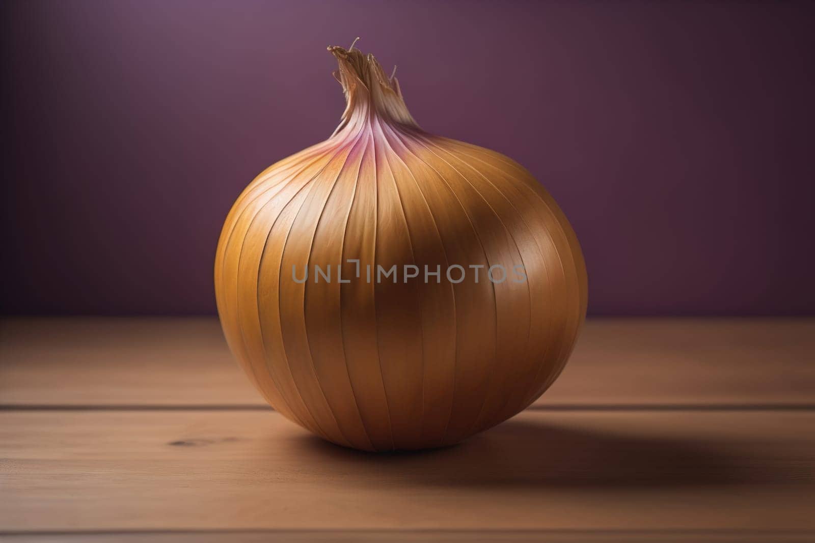 Three onions on a wooden table in front of a solid color background. ai generative