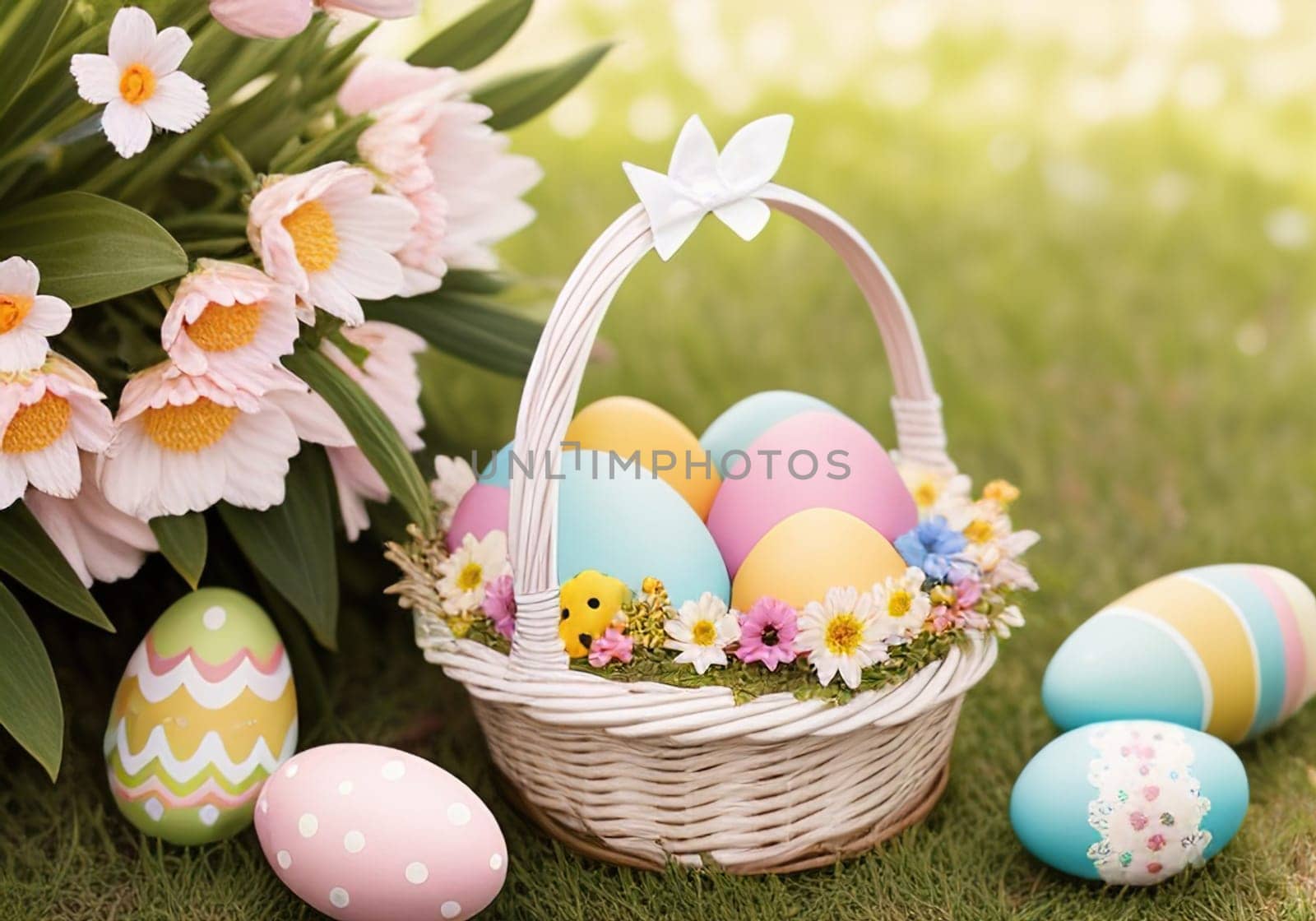 Easter bunny with colorful eggs in nest. ai generative