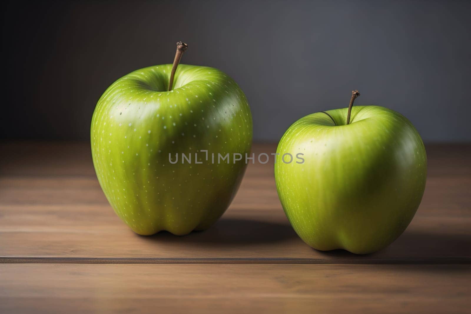 Green apple on a wooden table with dark background, shallow depth of field. The concept of healthy eating. ai generative
