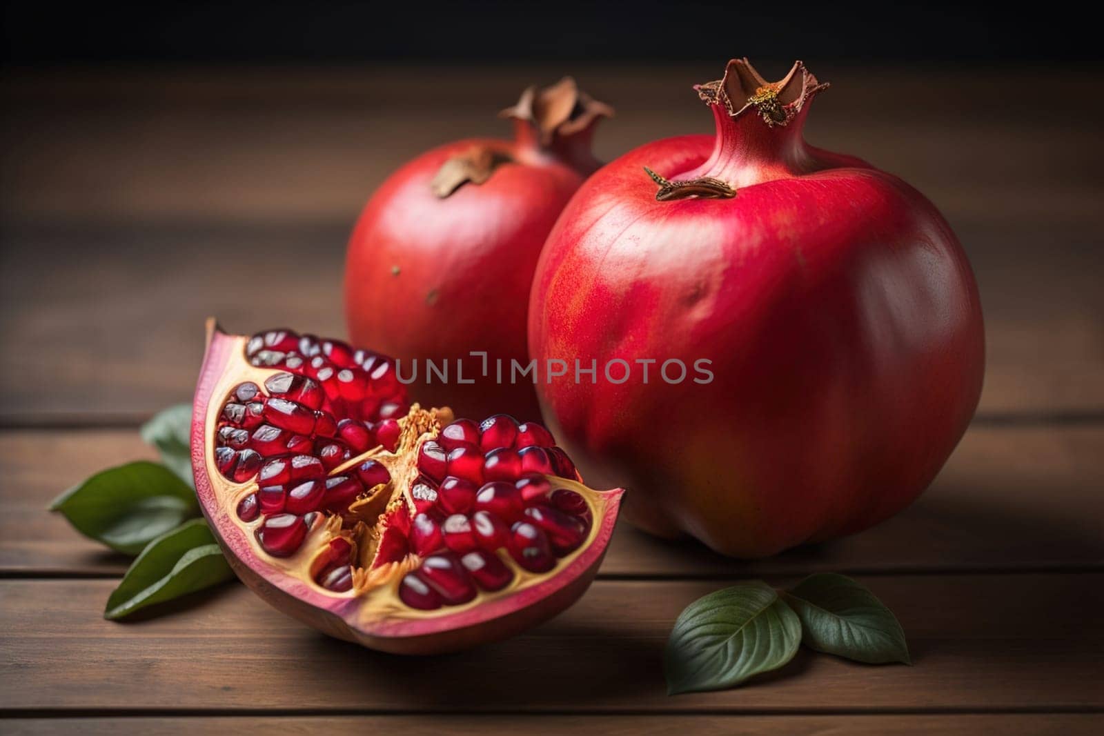 Ripe pomegranate fruit on a wooden background. Still life. ai generative