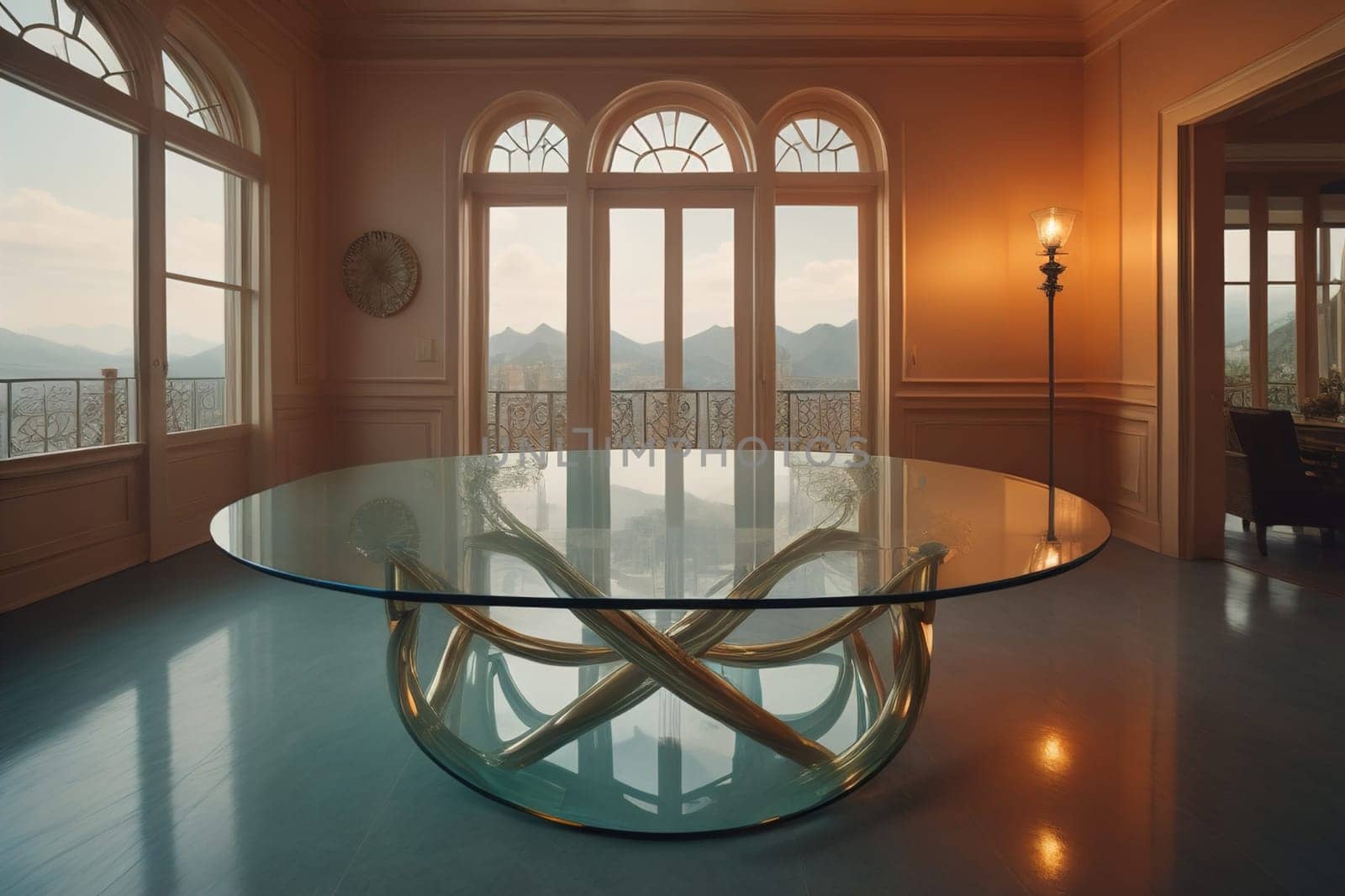 a glass table in a room. ai generative