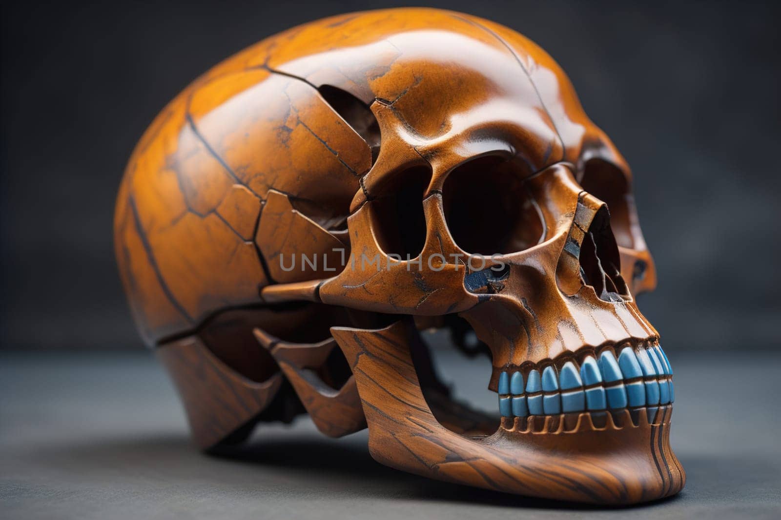 human skull on solid color background. Halloween concept. Close up. ai generative
