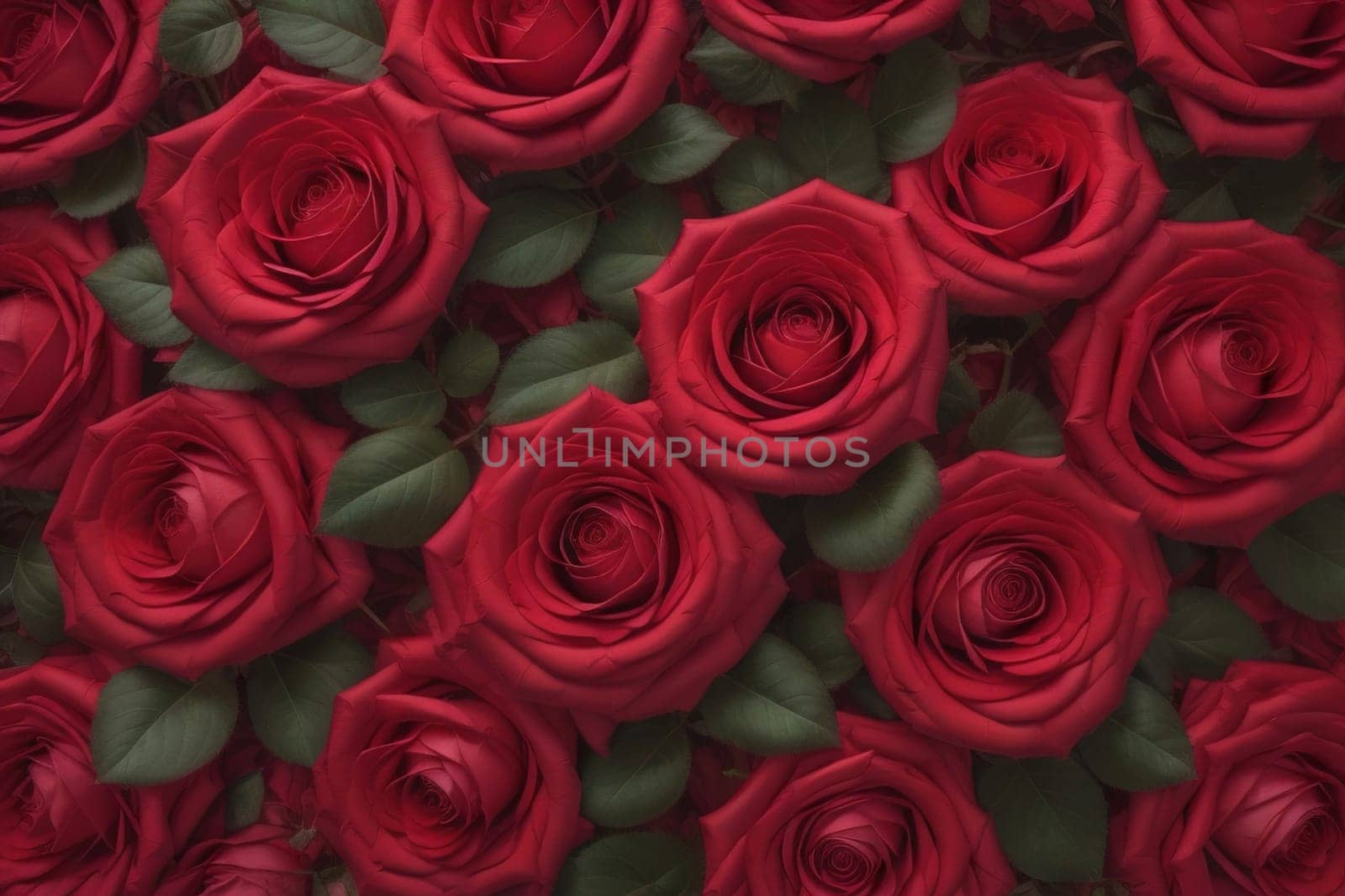Red roses background. Top view of beautiful red roses with green leaves. ai generative