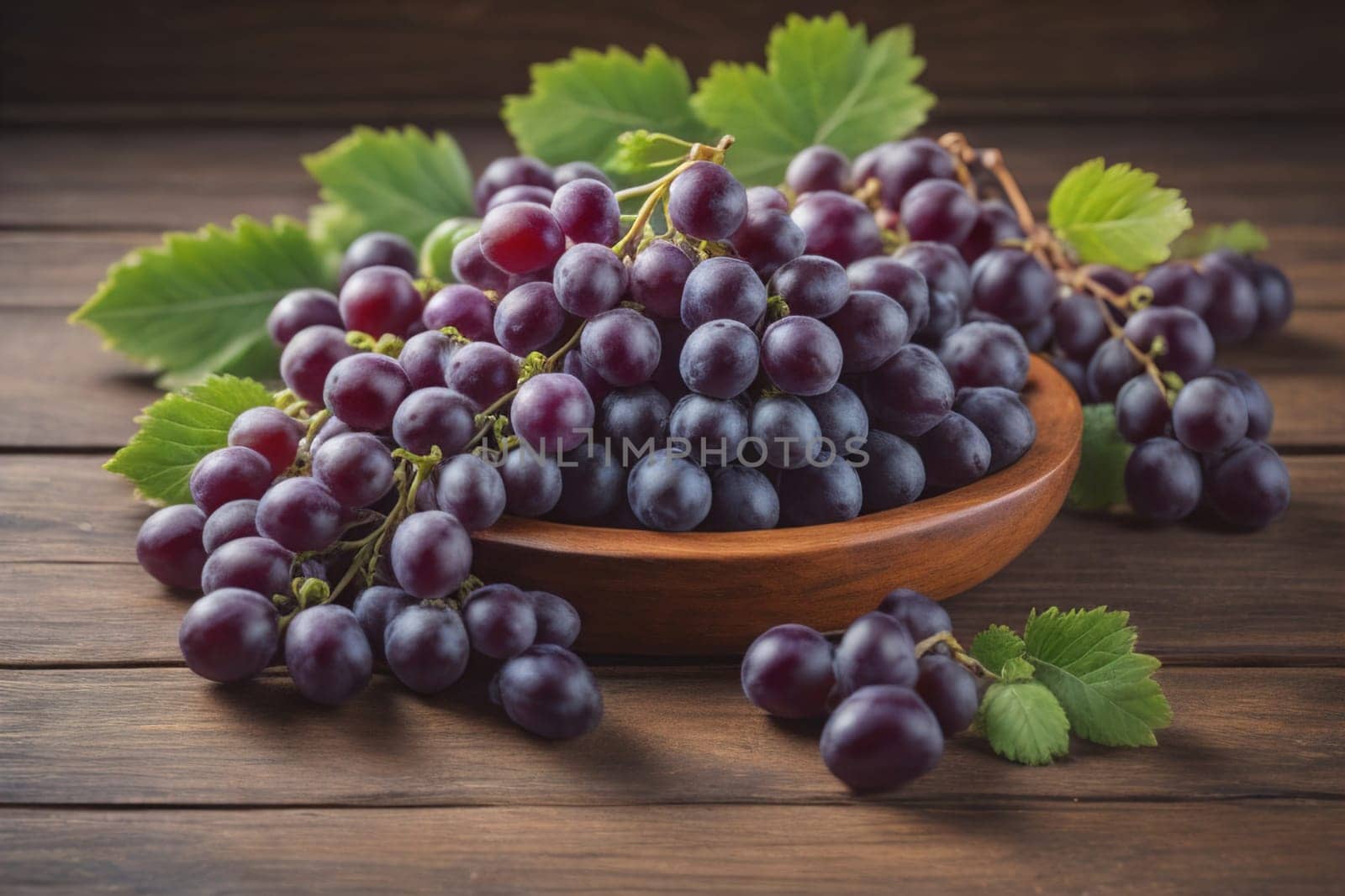 Bunch of fresh grapes on wooden table. Vintage style toned picture. ai generative