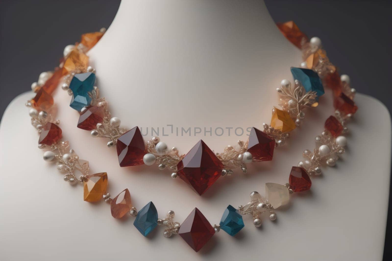 necklace on a mannequin in the studio on a solid color background. ai generative