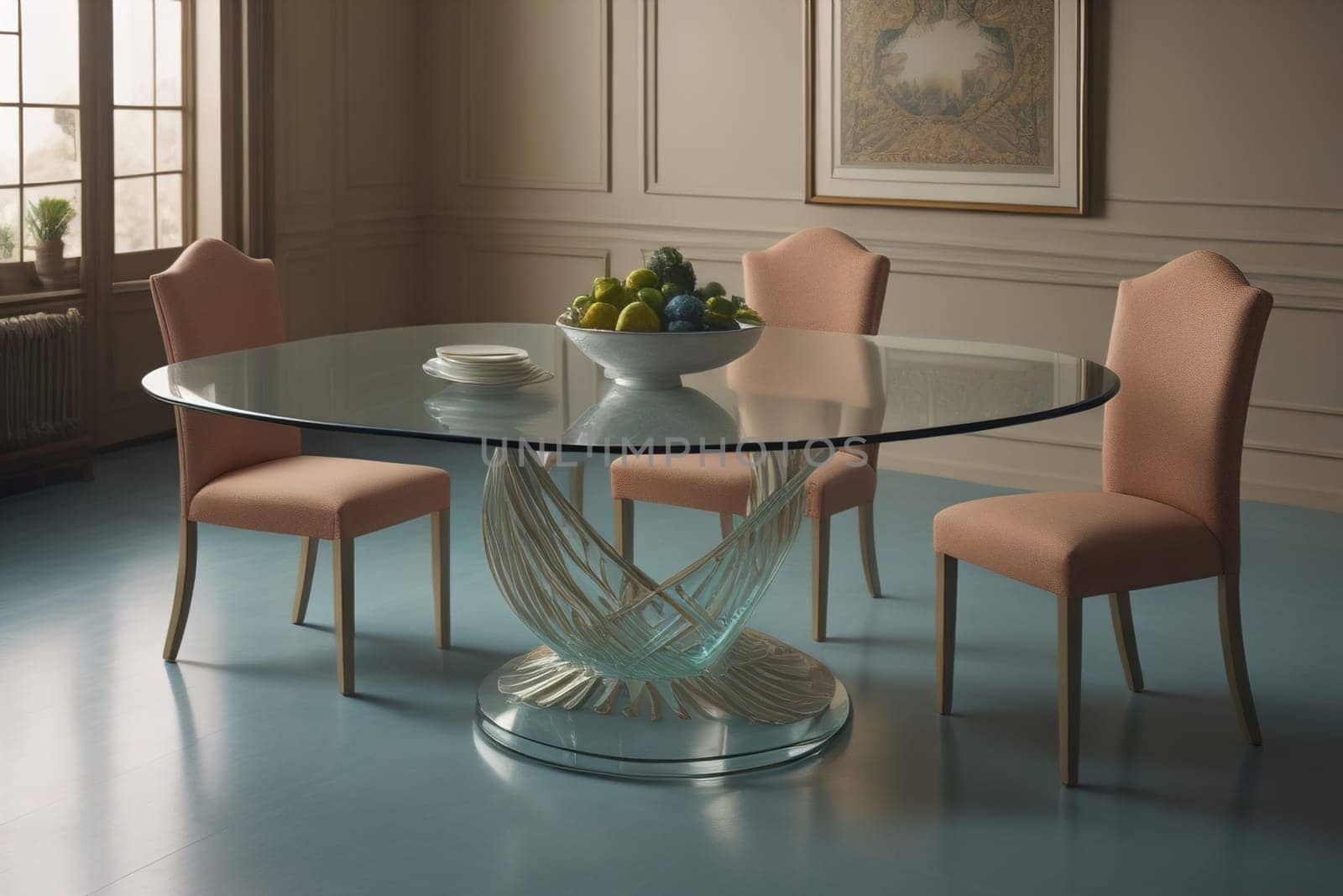 a glass table in a room. ai generative