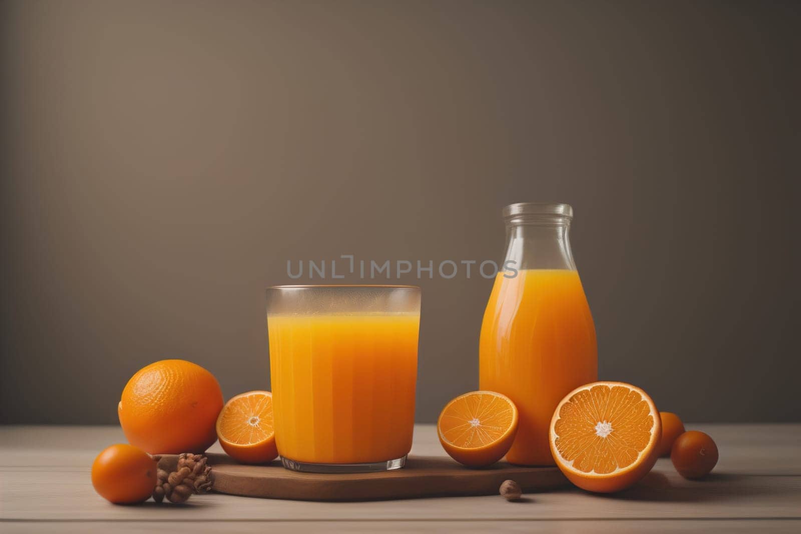 Glass of orange juice and fresh orange fruits. ai generative