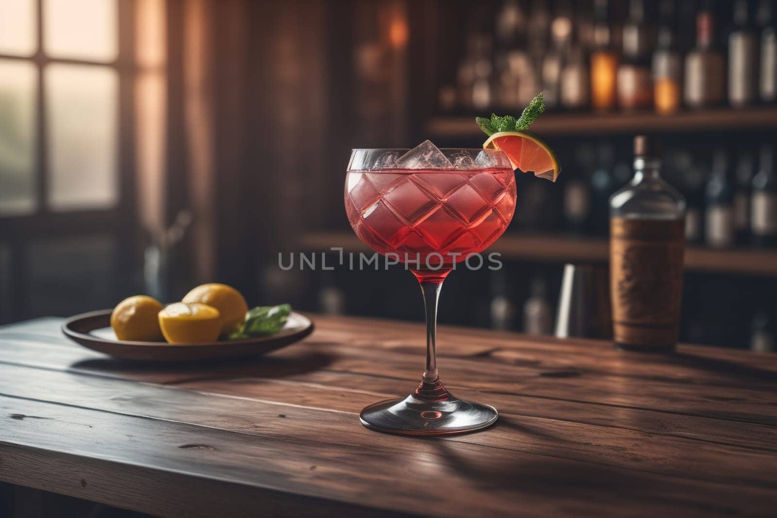 Alcohol cocktail drink on the table in bar. Toned image. ai generative
