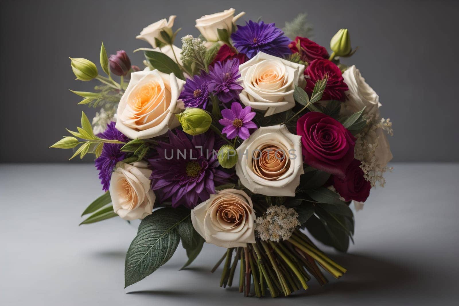 wedding bouquet of different colors on a solid color background. ai generative