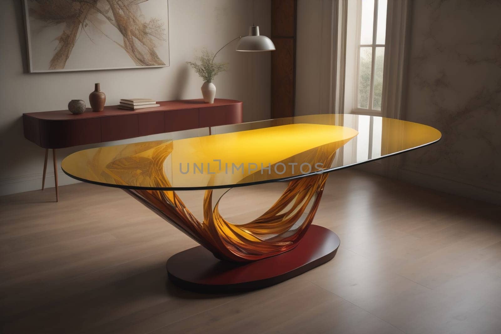 a glass table in a room. ai generative