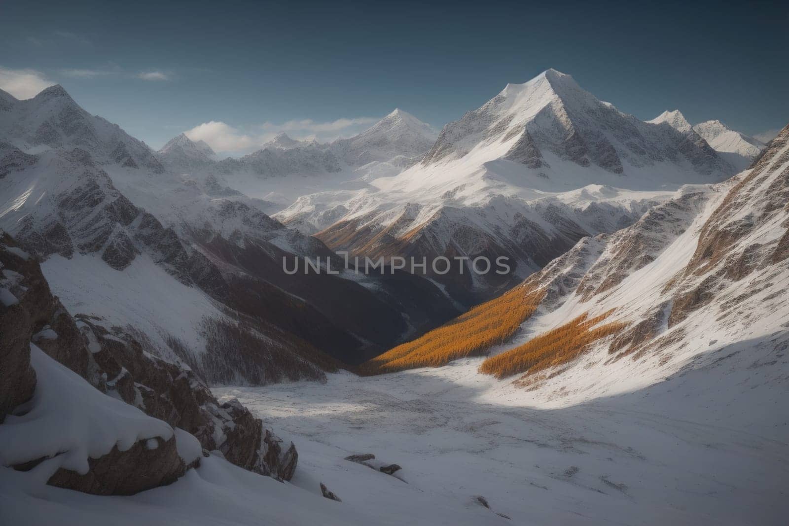 Mountains and snow-capped peaks of the Caucasus Mountains. ai generative by sanisra