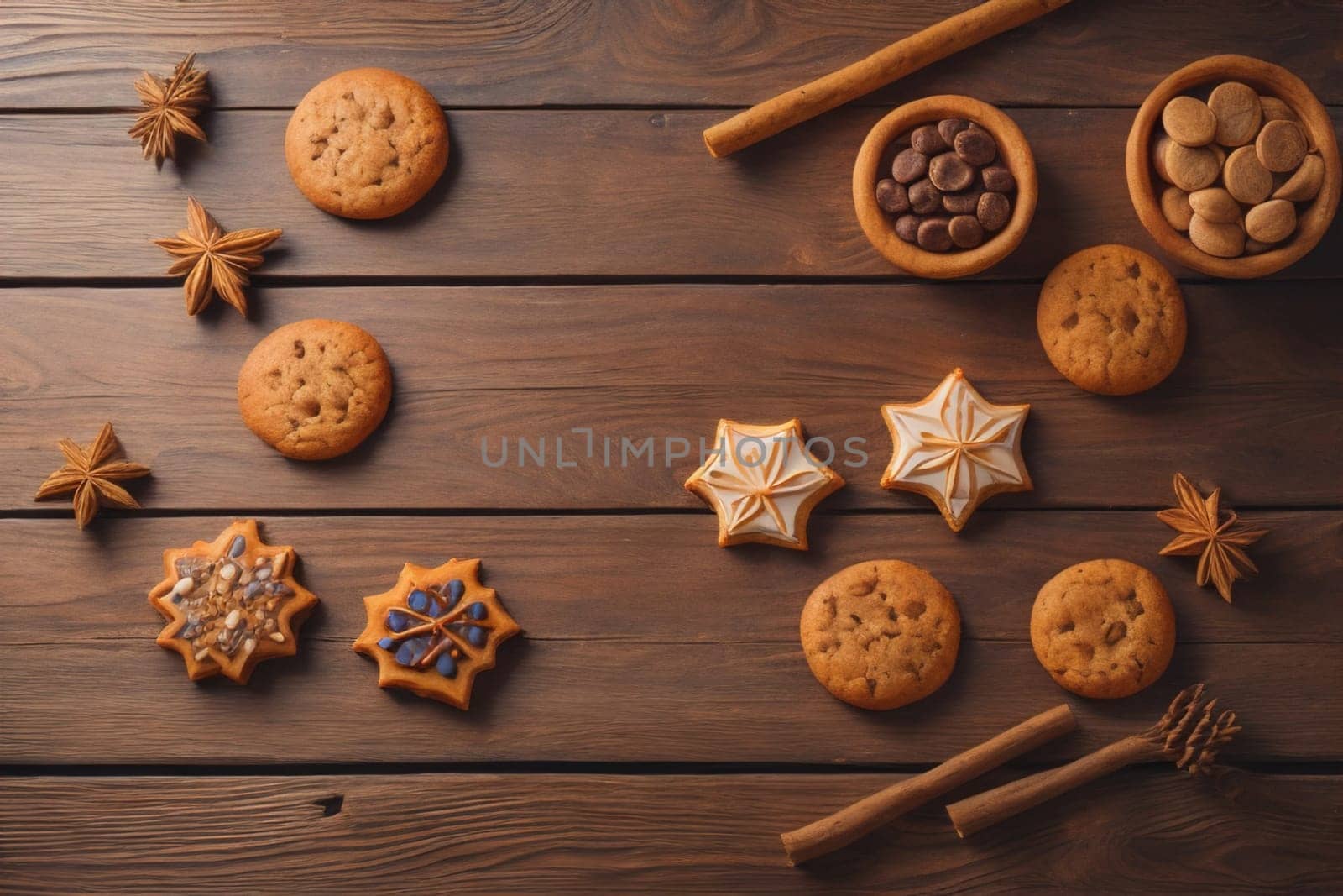 Cookies on a wooden table. Top view. ai generative
