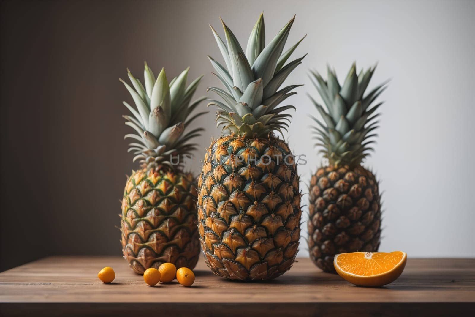Pineapples on a wooden background. ai generative
