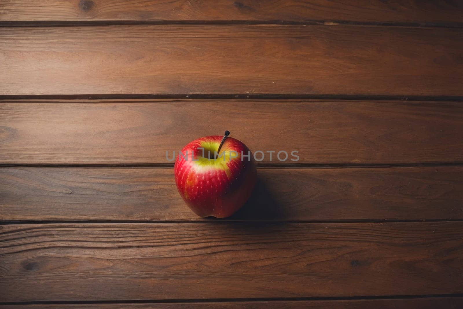 Red apple on a wooden background. ai generative