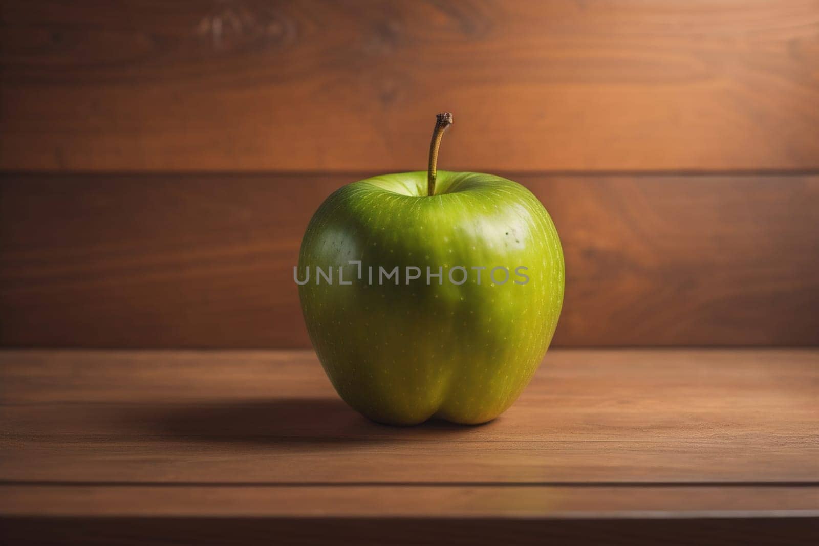 Green apple on a wooden table with dark background, shallow depth of field. The concept of healthy eating. ai generative