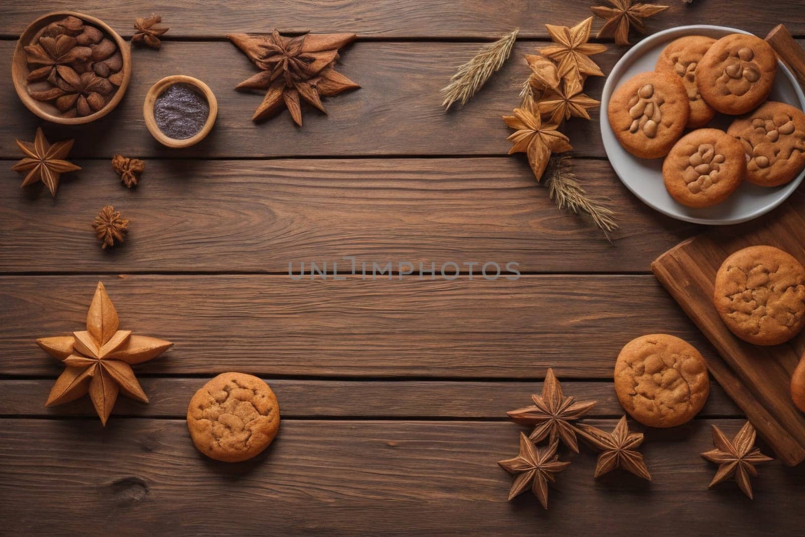 Cookies on a wooden table. Top view. ai generative