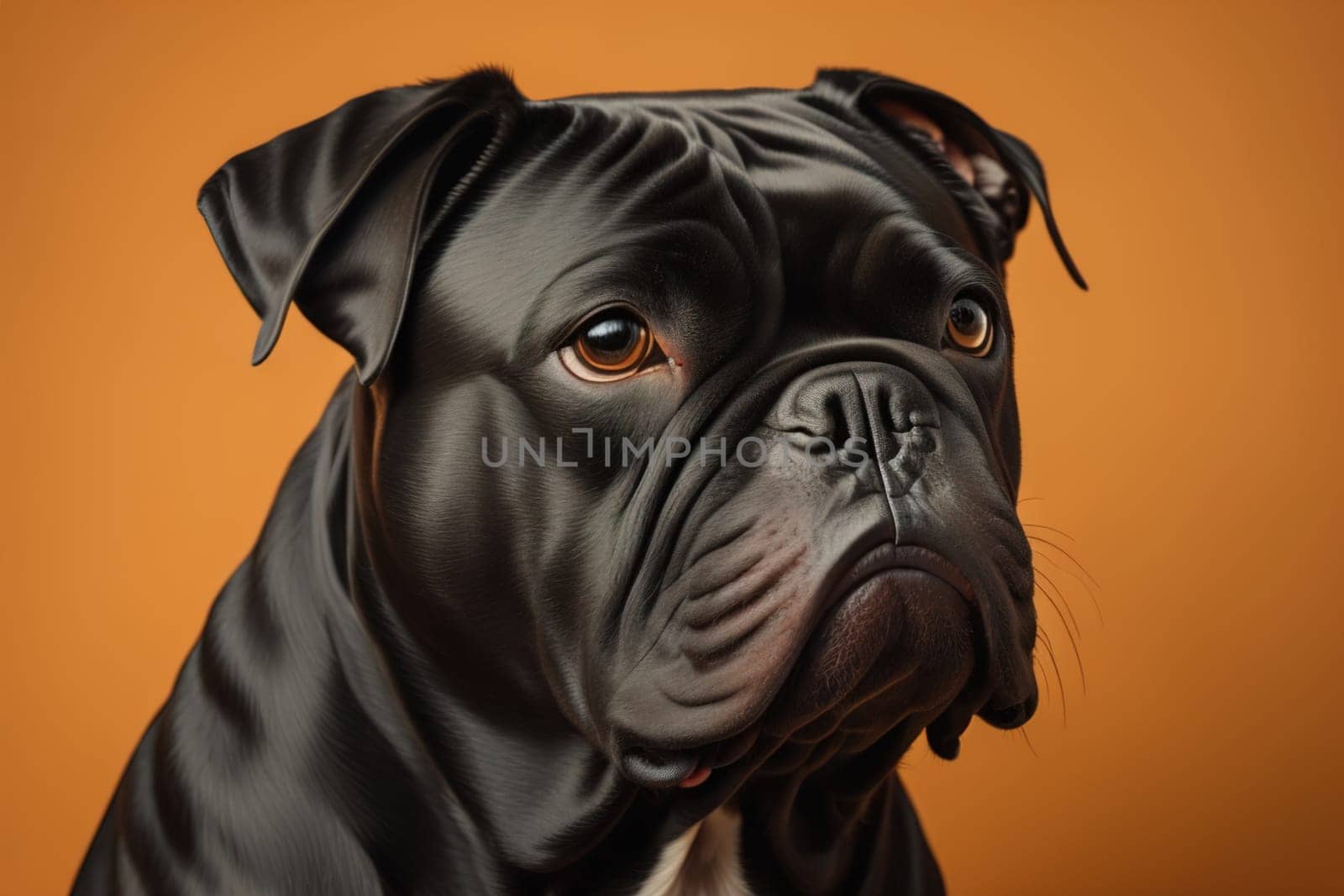 Close up portrait of a cute black dog on a orange background. ai generative