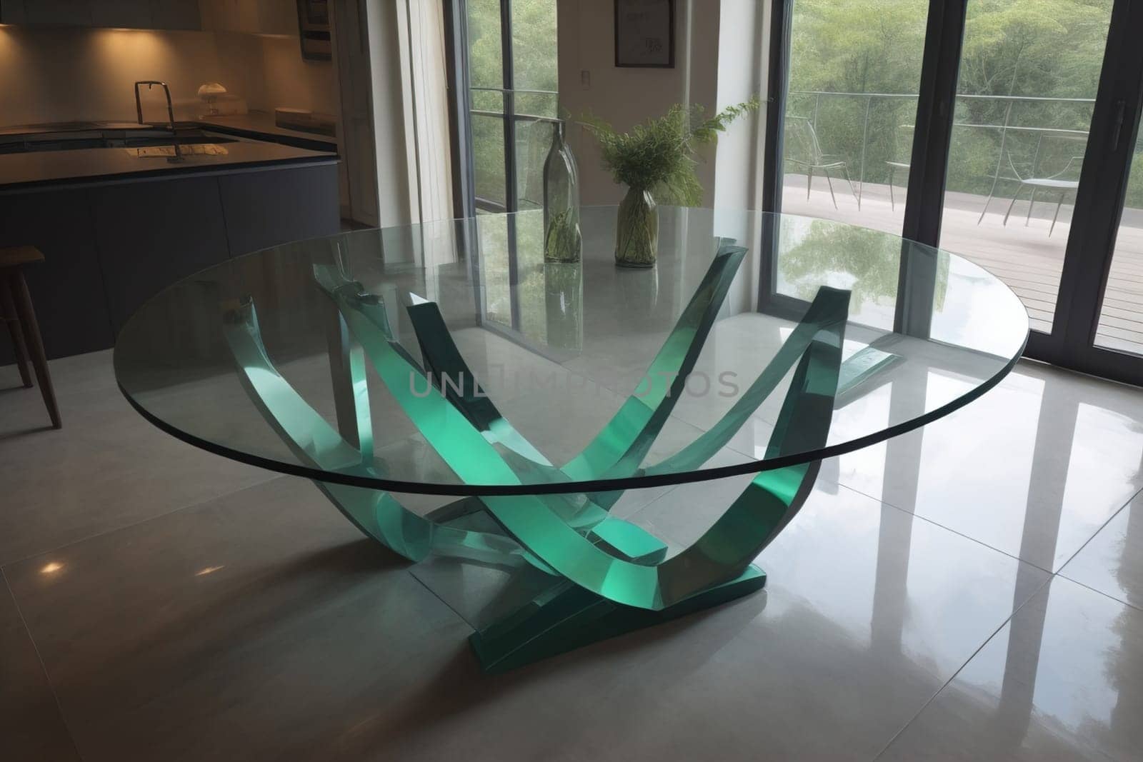 a glass table in a room. ai generative