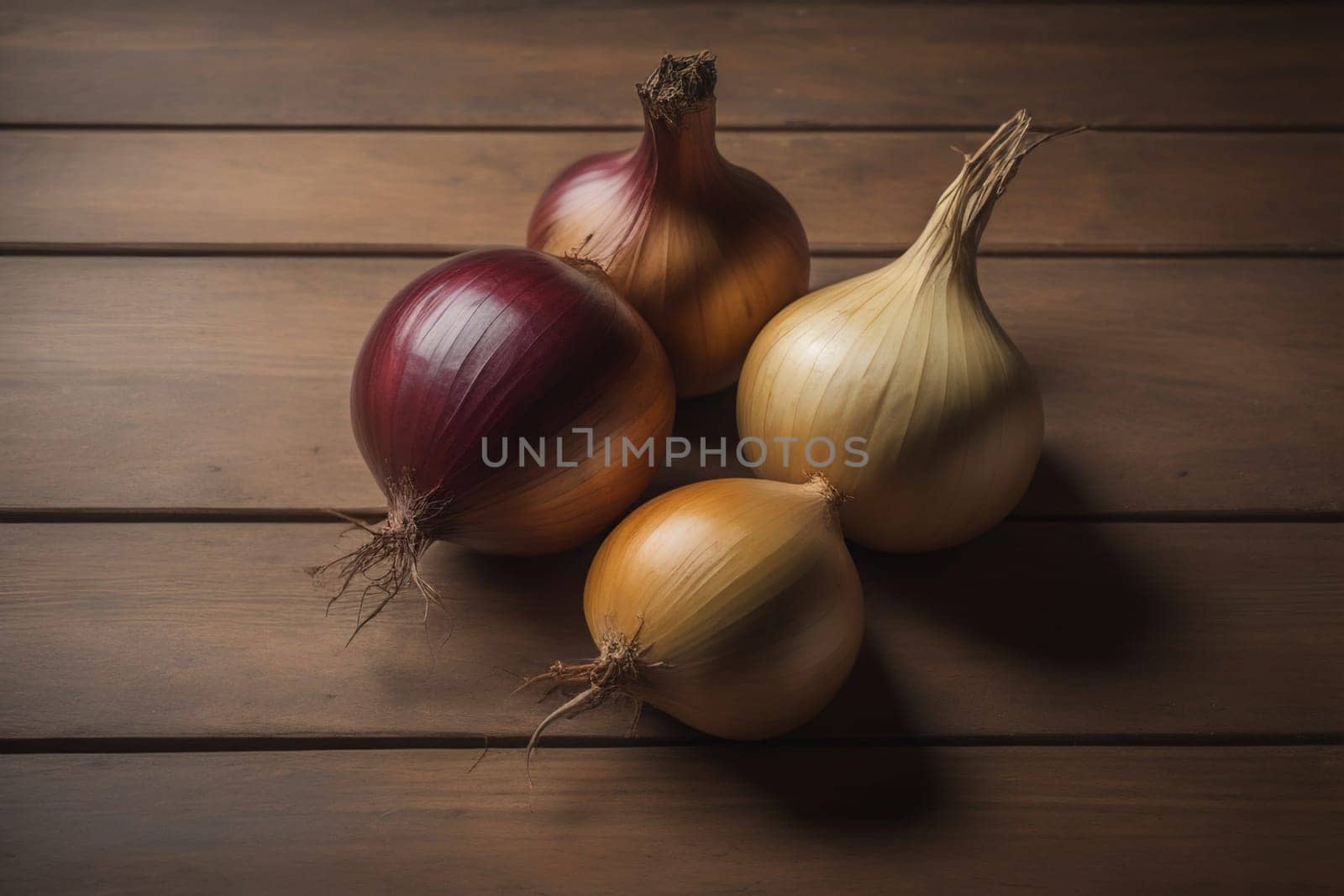 Three onions on a wooden table in front of a solid color background. ai generative