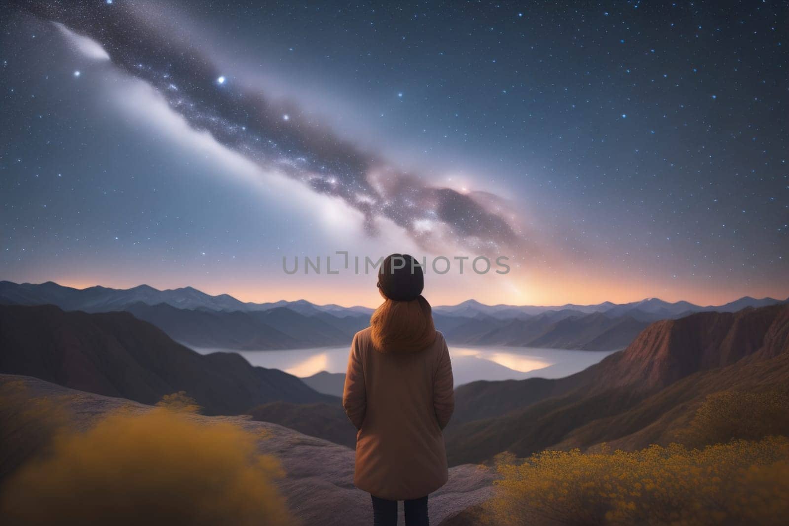 Woman looking at the starry sky with milky way in the mountains. ai generative by sanisra