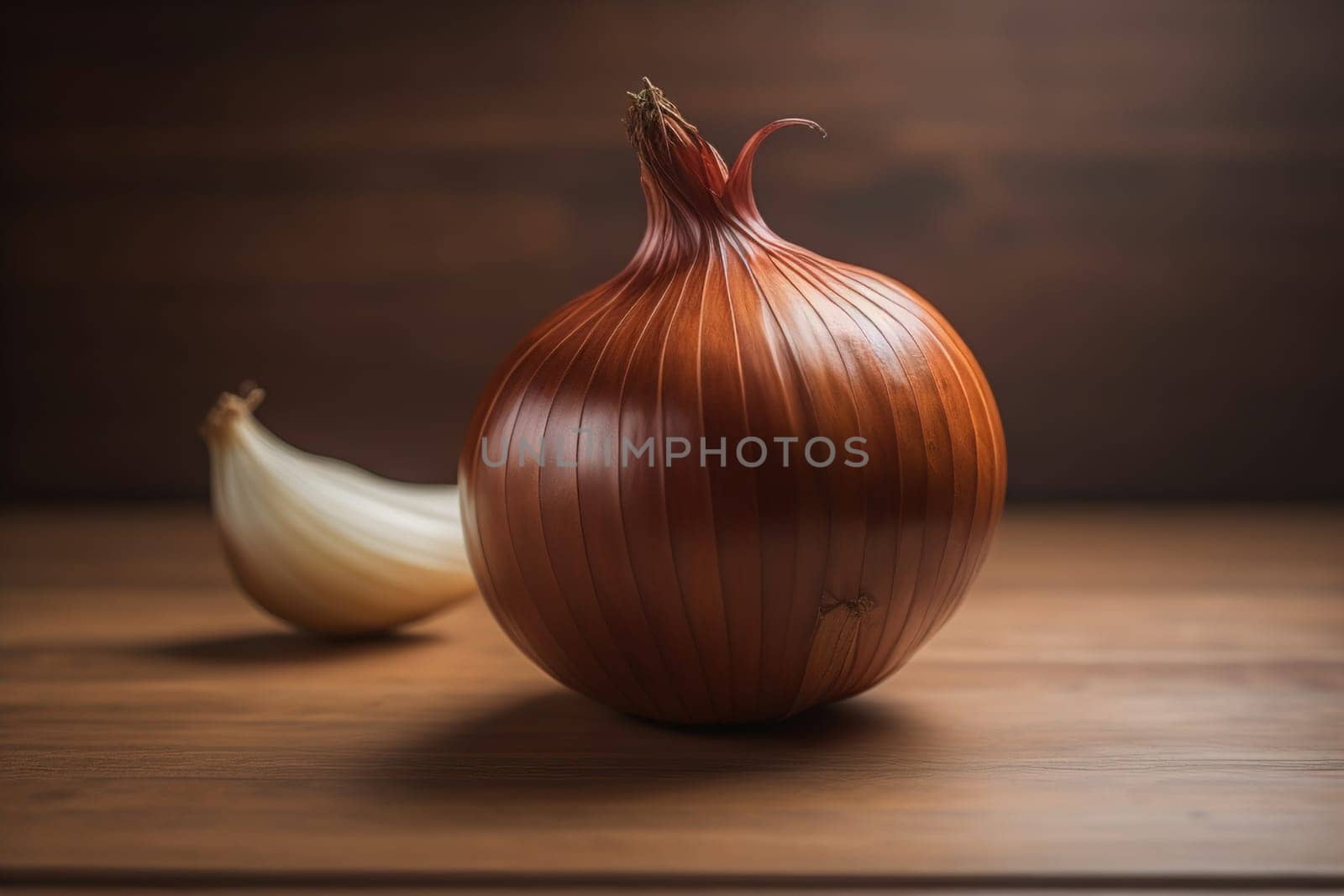 Three onions on a wooden table in front of a solid color background. ai generative
