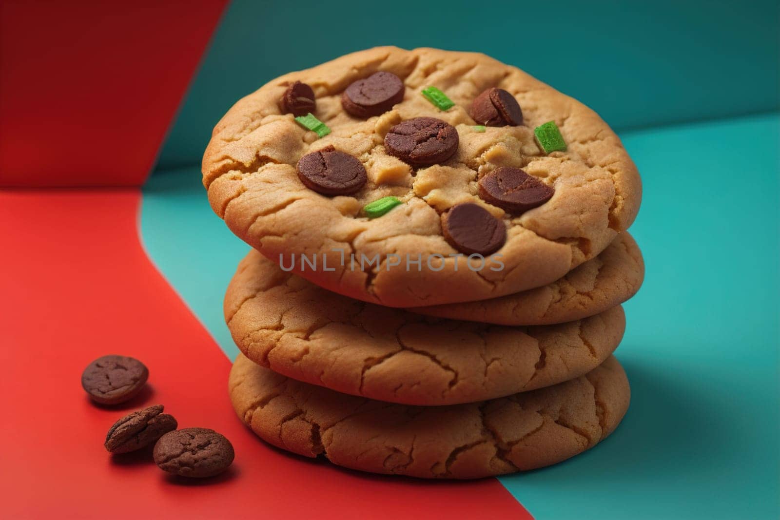 Chocolate chip cookies on orange background. Close up. Selective focus. ai generative