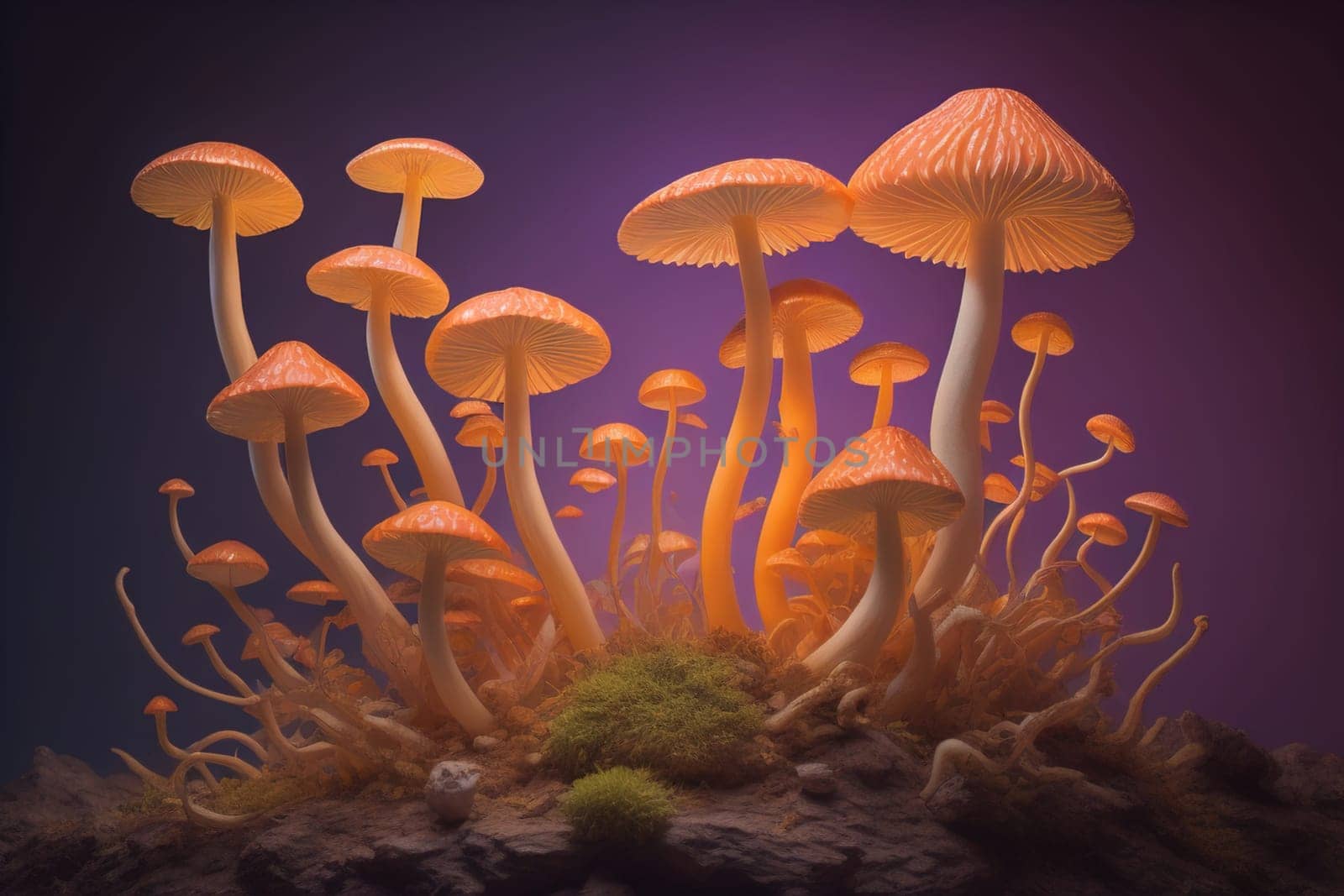 Mushrooms on a solid color background with green moss and water drops. generative ai