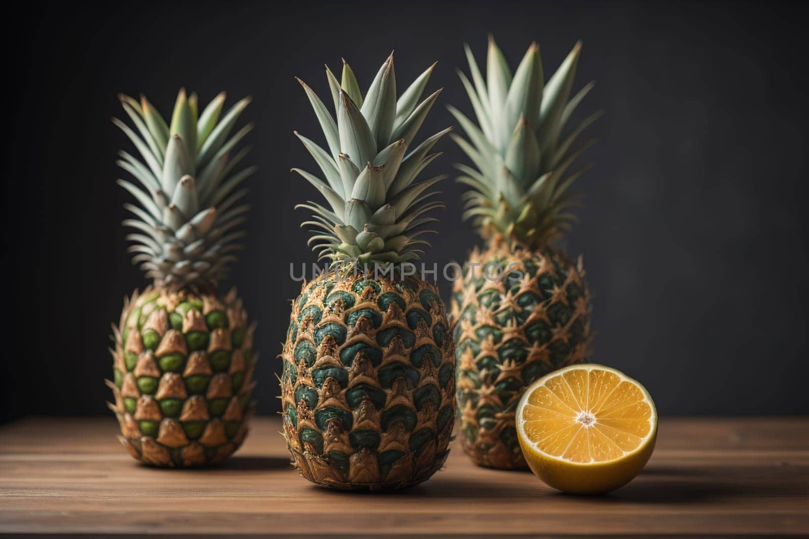Pineapples on a wooden background. ai generative