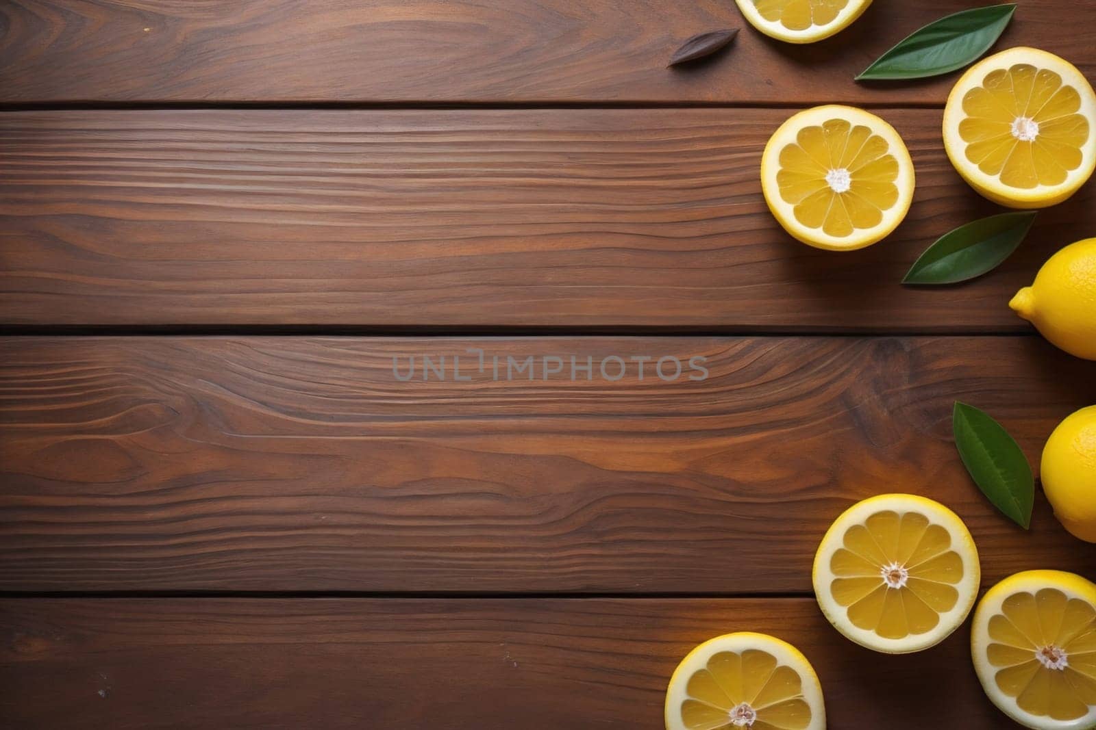 Lemon and slice of lemon on wooden background. Top view. ai generative
