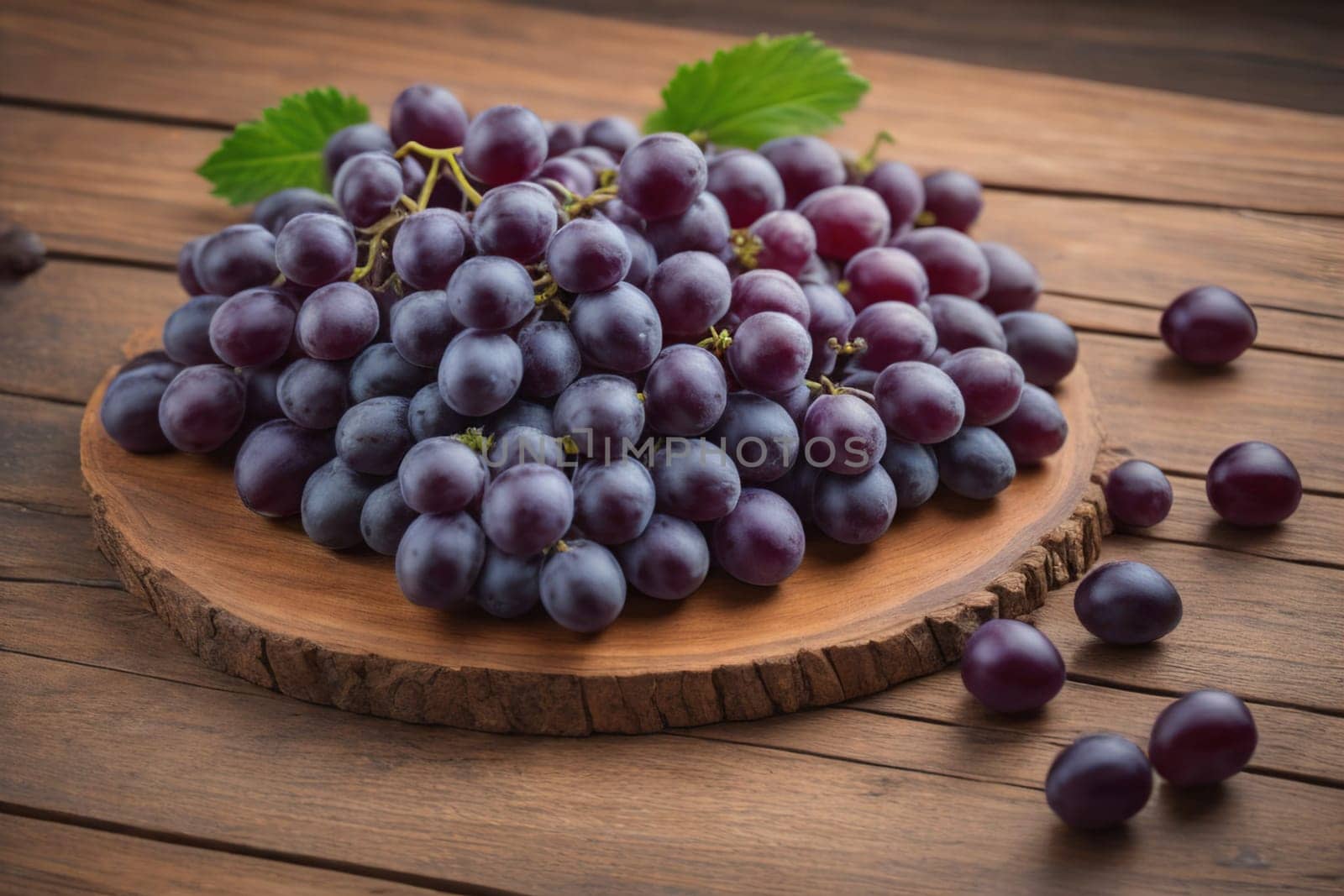 Bunch of fresh grapes on wooden table. Vintage style toned picture. ai generative