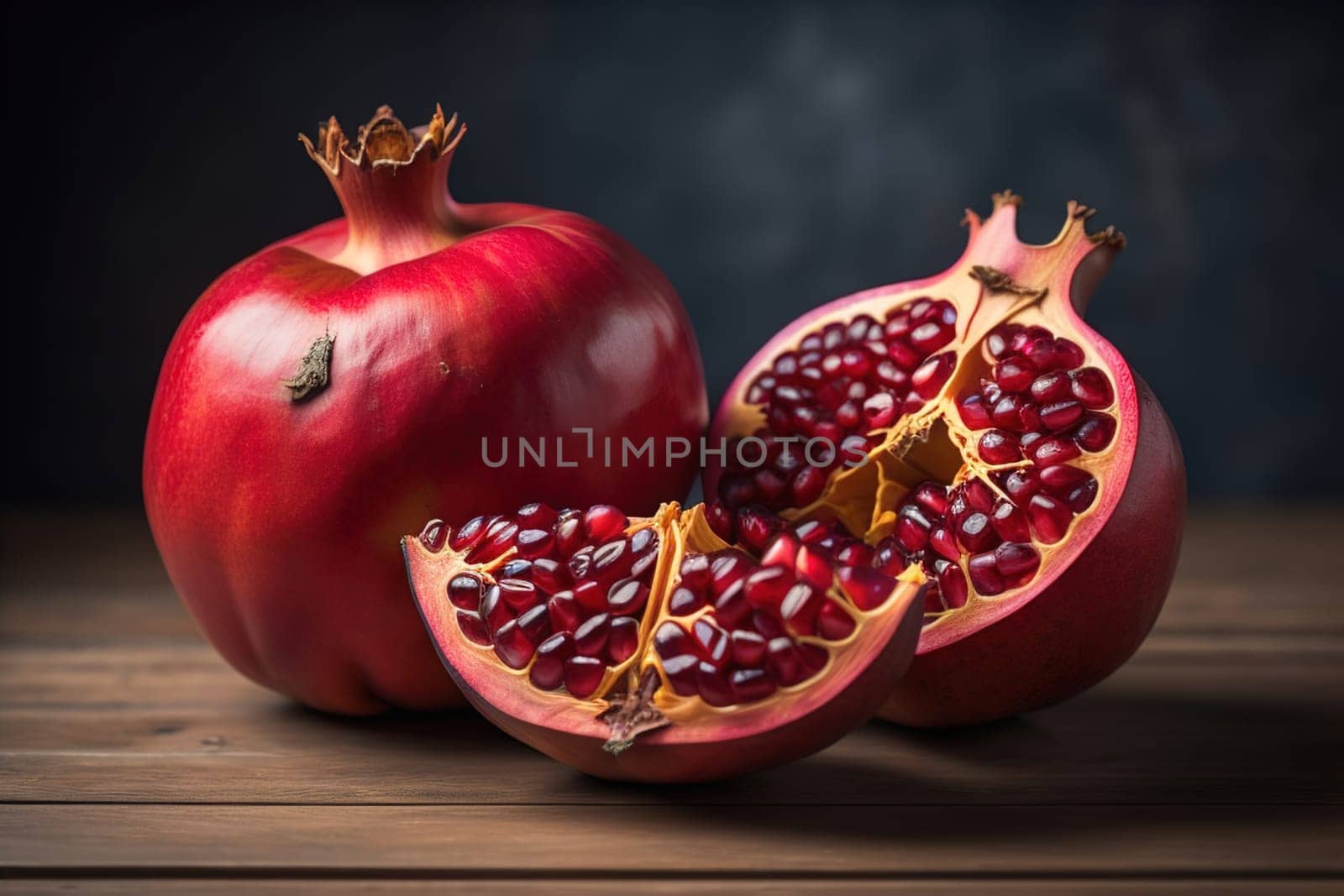 Ripe pomegranate fruit on a wooden background. Still life. ai generative