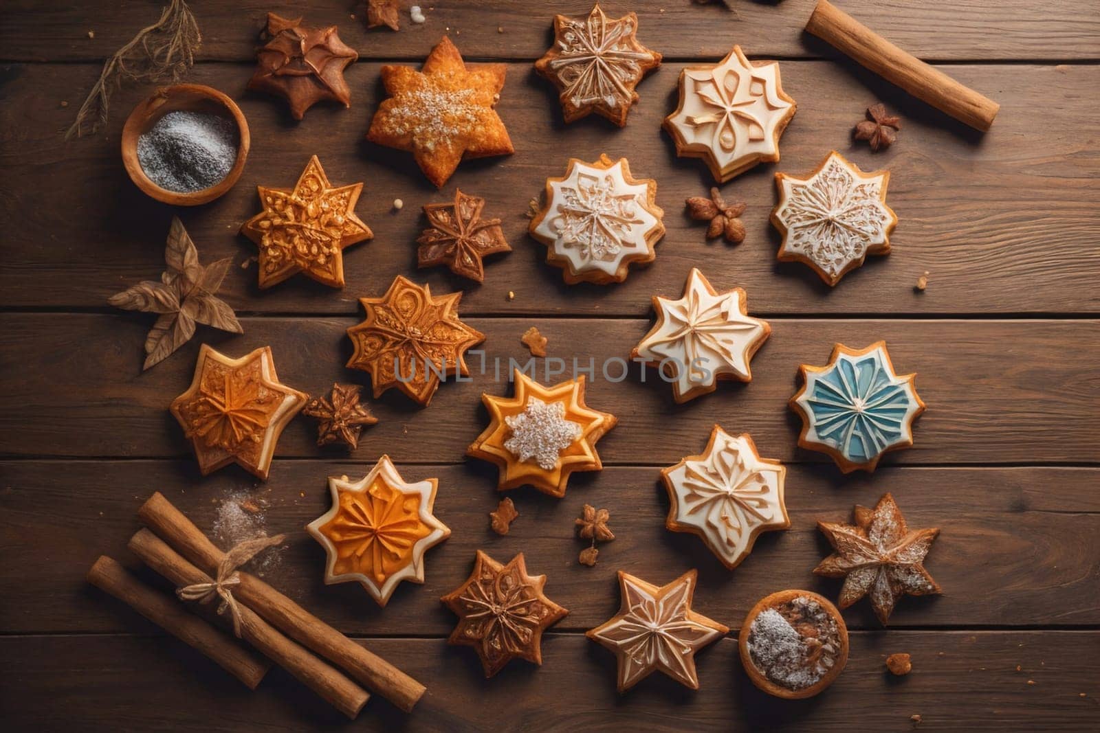 Cookies on a wooden table. Top view. ai generative