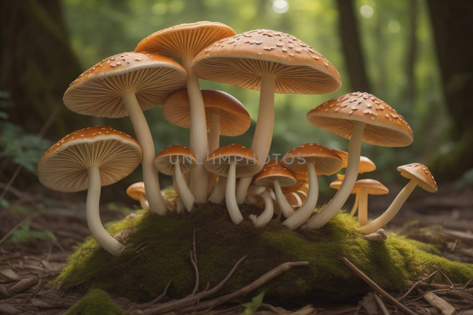 Mushrooms on a solid color background with green moss and water drops. generative ai