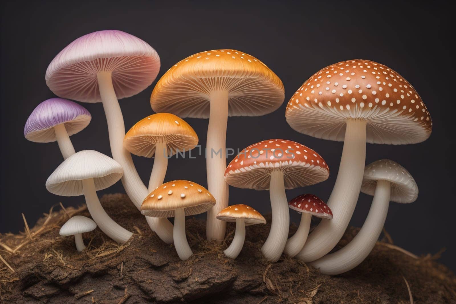 Mushrooms on a solid color background with green moss and water drops. generative ai