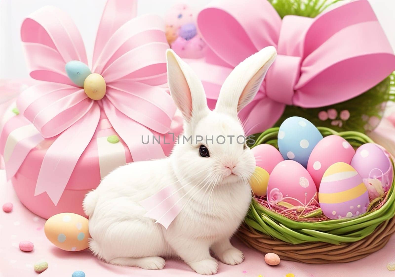 Easter bunny with colorful eggs in nest. ai generative