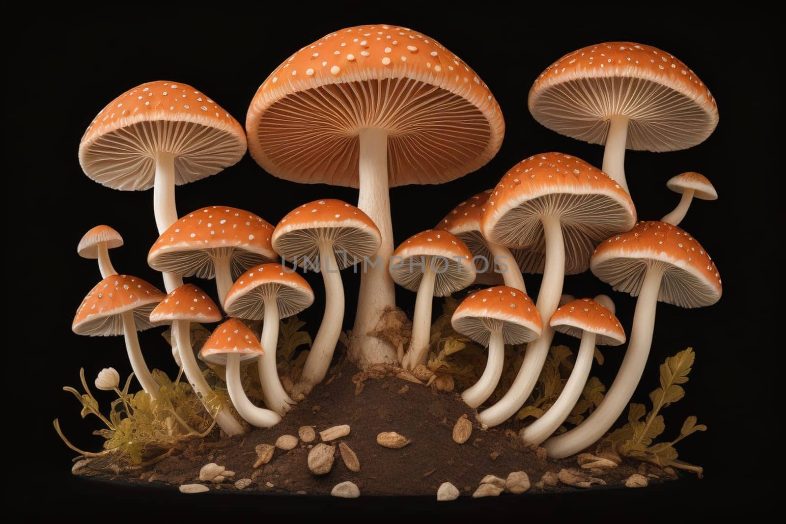 Mushrooms on a solid color background with green moss and water drops. generative ai