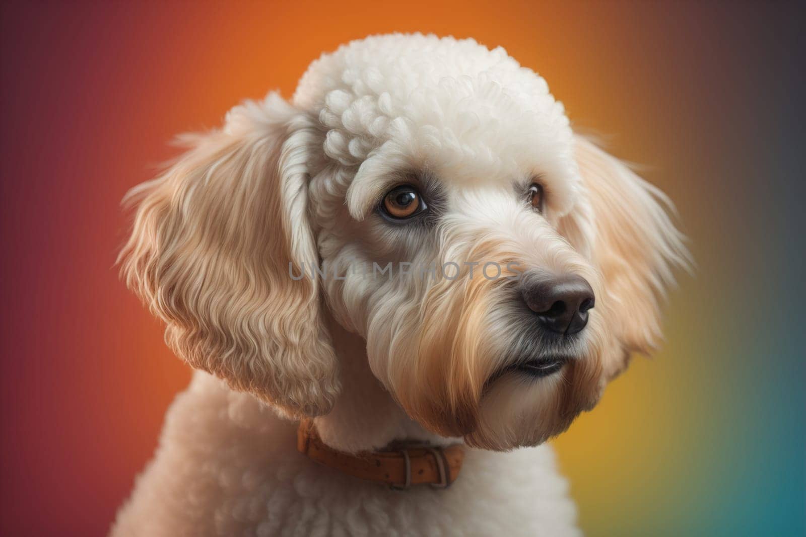 Close-up portrait of a poodle dog on a solid color background. ai generative