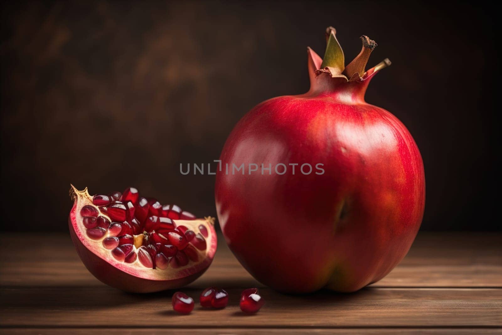 Ripe pomegranate fruit on a wooden background. Still life. ai generative