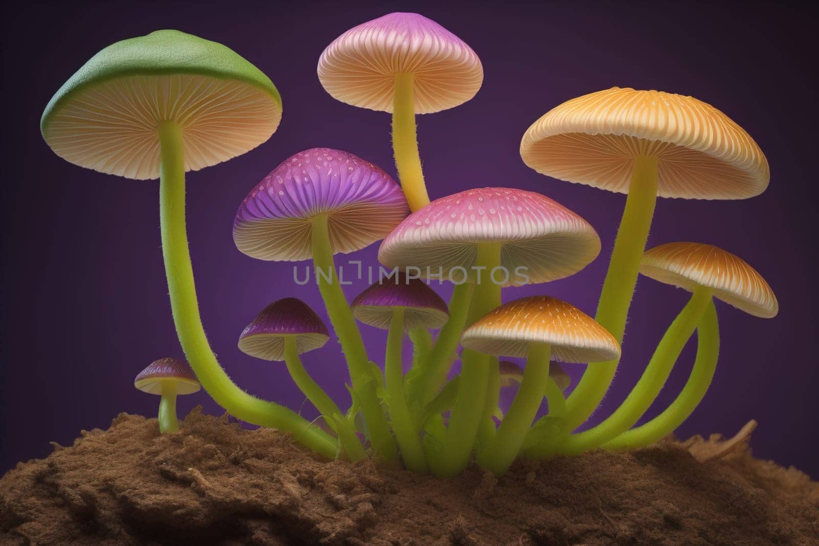 Mushrooms on a solid color background with green moss and water drops. generative ai