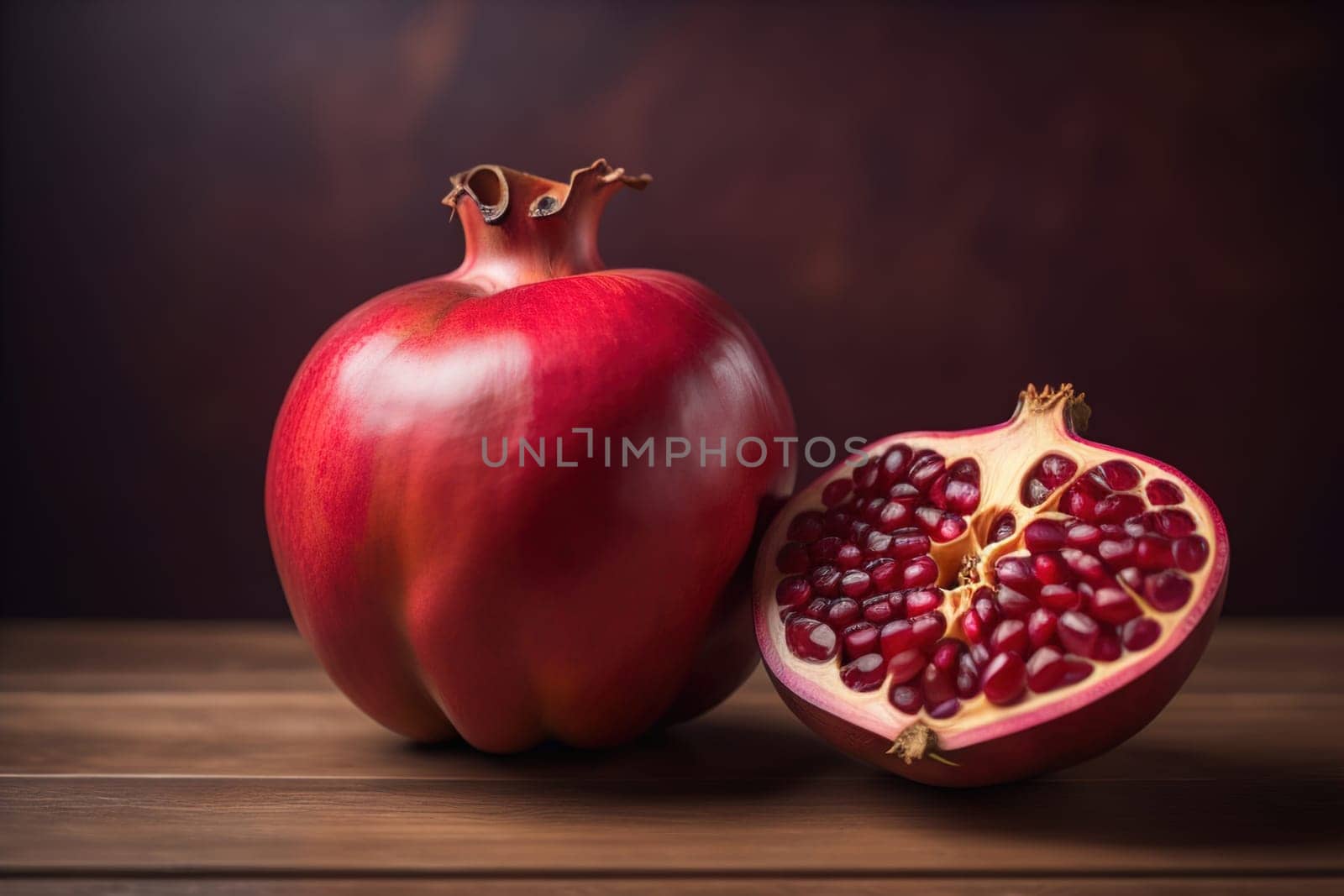 Ripe pomegranate fruit on a wooden background. Still life. ai generative