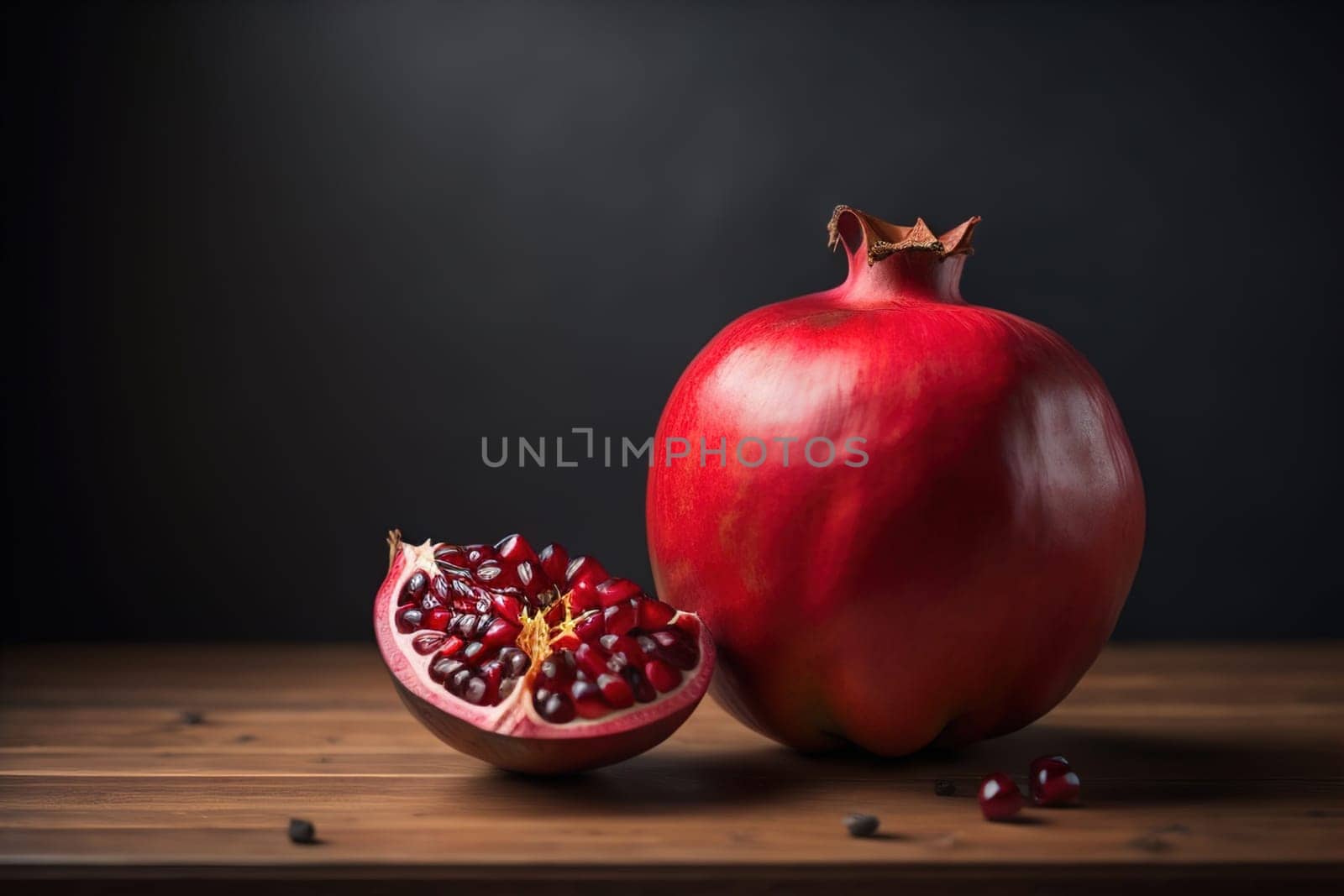 Ripe pomegranate fruit on a wooden background. Still life. ai generative
